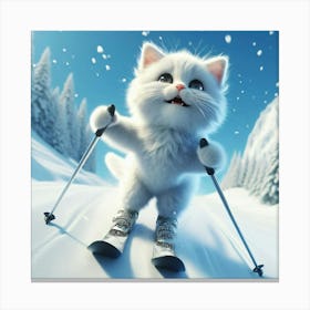 White Cat On Skis Canvas Print