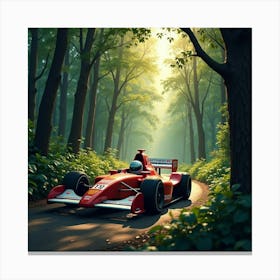 Formula Car Racing Through A Dense Forest, Sunlight Peeking Through The Trees 1 Canvas Print