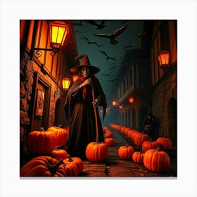 Witch In A Alley With Pumpkins - Diverse Art Illustration 66 Canvas Print