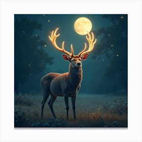 A Magical Deer With Glowing Antlers, Standing In A Meadow Under A Shimmering Moon Canvas Print