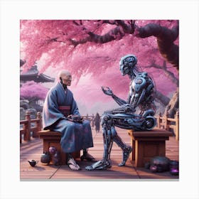 Robots And Cherry Blossoms Canvas Print