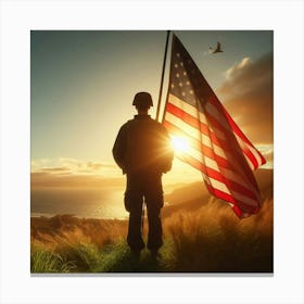 Soldier Holding American Flag At Sunset Canvas Print