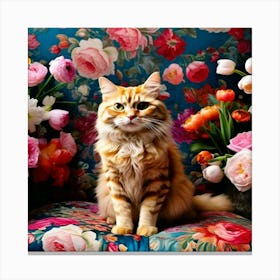 Cat Sitting In A Floral Chair Canvas Print