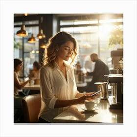 Modern Woman Engages With A Sleek Smartphone At A Bustling Coffee Shop Surrounded By The Hazy Glow (4) Canvas Print