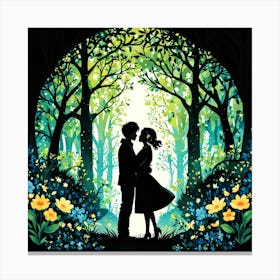 Couple In The Forest, Silhouettes Of Two People Hugging Surrounded By Elements Of Nature Flowers Trees Growing 2 Canvas Print