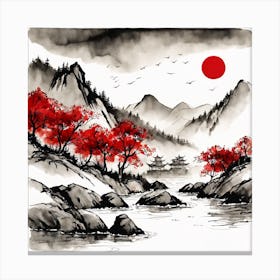 Chinese Landscape Mountains Ink Painting (62) Canvas Print
