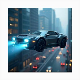 Hovering Flying Car With Glowing Blue Lights, Cruising Through Urban Skyline 1 Canvas Print