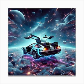 Back To The Future Delorean Flying Space, Synth Wave, Digital Art (3) Canvas Print