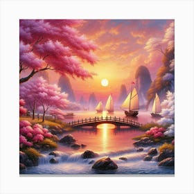 Asian Sunset With Sailing Boats and Cherry Blossoms Canvas Print