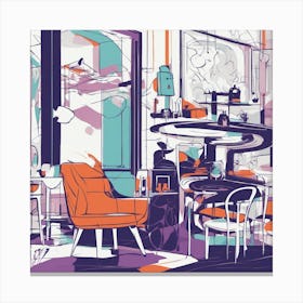 Drew Illustration Of Cup On Chair In Bright Colors, Vector Ilustracije, In The Style Of Dark Navy An (2) Canvas Print