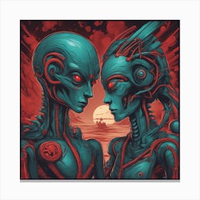 Alien Couple Painted To Mimic Humans, In The Style Of Surrealistic Elements, Folk Art Inspired Illu (4) Canvas Print
