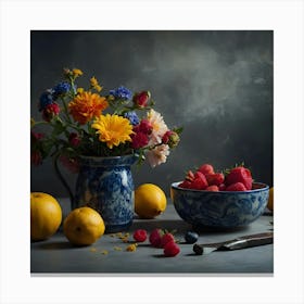 Blue Jug With Strawberries And Lemons Canvas Print