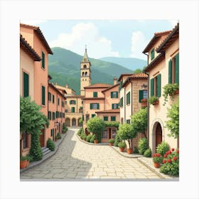 Cozy Italian Village Scene In Watercolor, With Winding Streets And Historic Buildings 1 Canvas Print