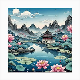 Chinese Landscape With Lotus, Pink, Blue and Black Flowers Canvas Print