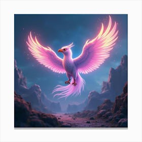 A Mythical Griffin With Feathers Of Shimmering, Neon Light Soaring Through A Magical Landscape 1 Canvas Print