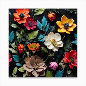 Colorful Flowers On Black Background Canvas Print