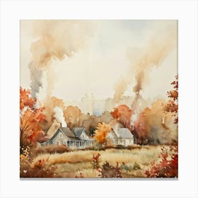 Autumnal Landscape Featuring Falling Leaves Watercolor Painting Soft Toned Florals Cottages With (5) Canvas Print