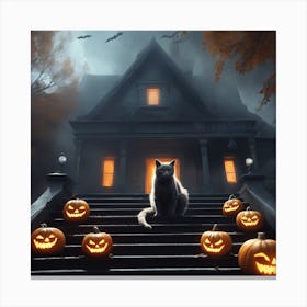 Halloween Cat In Front Of House 8 Canvas Print
