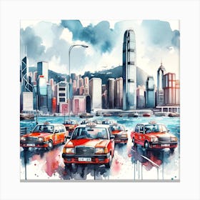 Hong Kong Red Taxis Watercolor Canvas Print