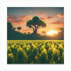 A Beautiful Sunset With A Big Green Flowers Setting On The Horizon, The Sun Shines Through The Tops Canvas Print