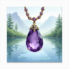 Amethyst Necklace, Watercolor, Tranquil Lake Shore 1 Canvas Print