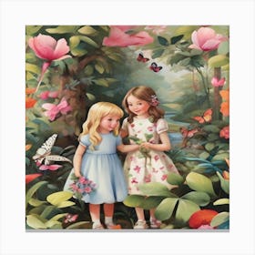 Two Little Girls In The Garden Canvas Print