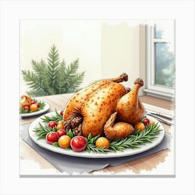 Watercolor Scene Of A Classic And Flavorful Roast Chicken With Veggies On A Modern Dining Table Canvas Print