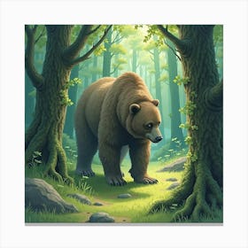 Druid Shapeshifting Into A Bear In An Ancient Forest, Watercolor Effect 1 Canvas Print