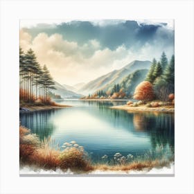 Reflections: A Serene and Harmonious Watercolor Painting of a Lake and Mountains Canvas Print