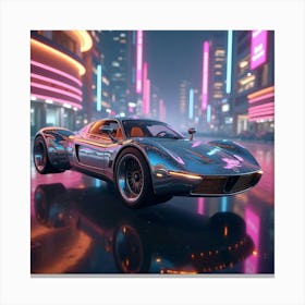 Chrome Plated Flying Car With Sleek Design, Gliding Through Neon Lit Towers 1 Canvas Print