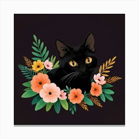 Black Cat With Flowers 4 Canvas Print