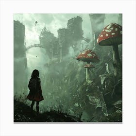 Girl In A Mushroom City Canvas Print