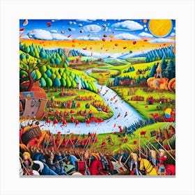 Battle for the river crossing. Naive painting. Canvas Print