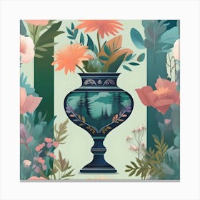 Flower Vase Decorated with Wooded Landscape, Blue, Green, Orange and Pink Canvas Print