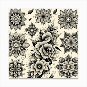 Black And White Floral Tattoo Set Canvas Print