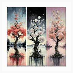 Three different palettes each containing cherries in spring, winter and fall 2 Canvas Print