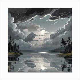 Lake Art Print With Forest At Night (2) Canvas Print