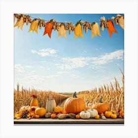 Autumnal Harvest Scene Capturing A Gourd Squash And Pumpkin Amongst A Field Of Corn Under A Cornfl (2) Canvas Print