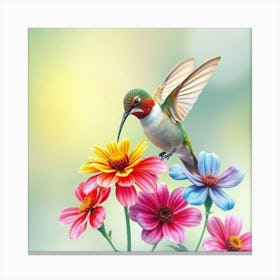 A Hummingbird Sipping Nectar From Rainbow Colored Flowers In A Soft Watercolor Scene Canvas Print