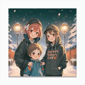 A Cute Anime Style Of A Mother With Her Son and Daughter - Happy Mother's Day Canvas Print