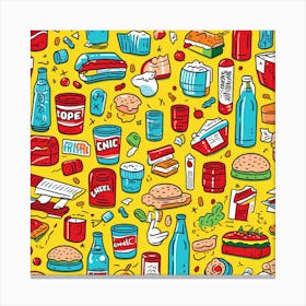 Doodle Seamless Pattern Of Fast Food Items Canvas Print