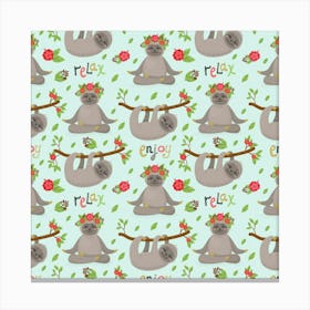 Seamless Pattern With Cute Sloths Relax Enjoy Yoga Canvas Print