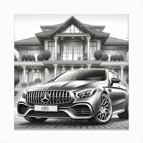 A Pencil Drawing Of A Mercedes Benz AMG In Front Of A Beautiful Modern Mansion 1 Canvas Print