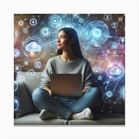 Woman Sitting On Couch With Laptop Canvas Print
