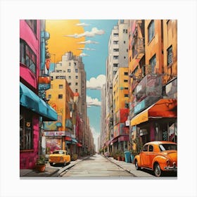 Pop Art graffiti Street with cafes, high-rise buildings, sun 1 Canvas Print