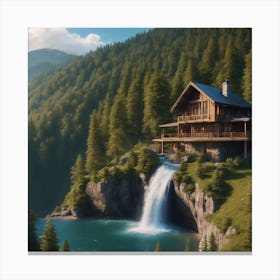 Cabin on waterfall Canvas Print