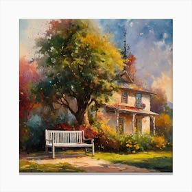 watercolor drawing of a house with a bench in front of it and a tree in the background with a light on Canvas Print