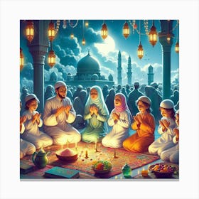 Muslim Family Praying At The Mosqueلمشاعر الروحانية في رمضان Canvas Print