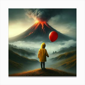 It'S A Day a boy wearing a yellow rain coat holding a red ballon, standing in front of a smokey volcano, digital art. Canvas Print