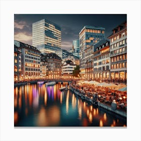 Switzerland With Zurich Street And Limnat River At Night, Painting Canvas Print